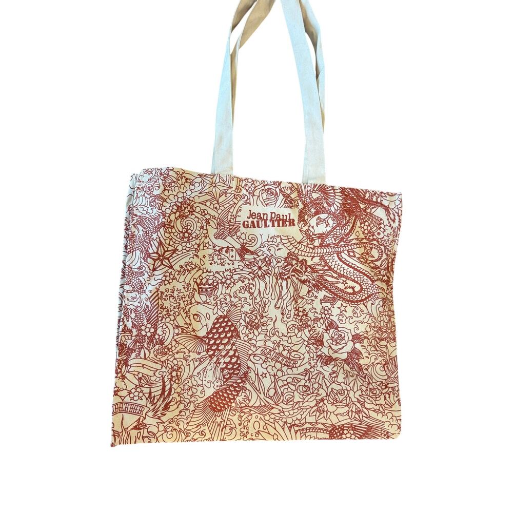 Jean Paul Gaultier Tattoo Print Canvas Tote Bag Red Cream Dragon Koi Fish Rose